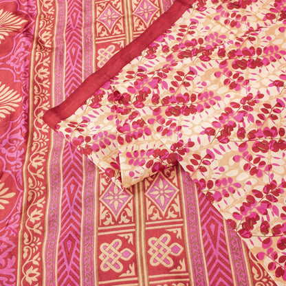 Sanskriti Vintage Saree Red & Ivory 100% Pure Silk Saree Floral Printed 6.5+Yd Fabric Sari Pre-Owned Indian Upcycled, Recycled, Sewing