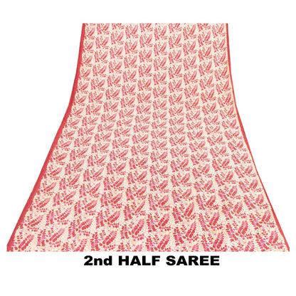 Sanskriti Vintage Saree Red & Ivory 100% Pure Silk Saree Floral Printed 6.5+Yd Fabric Sari Pre-Owned Indian Upcycled, Recycled, Sewing