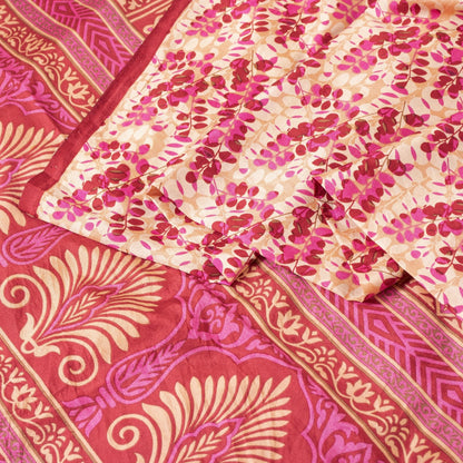 Sanskriti Vintage Saree Red & Ivory 100% Pure Silk Saree Floral Printed 6.5+Yd Fabric Sari Pre-Owned Indian Upcycled, Recycled, Sewing
