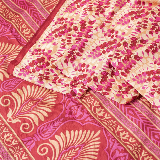 Sanskriti Vintage Sarees Ivory & Red Pure Silk Floral Printed 6+yd Fabric Sari