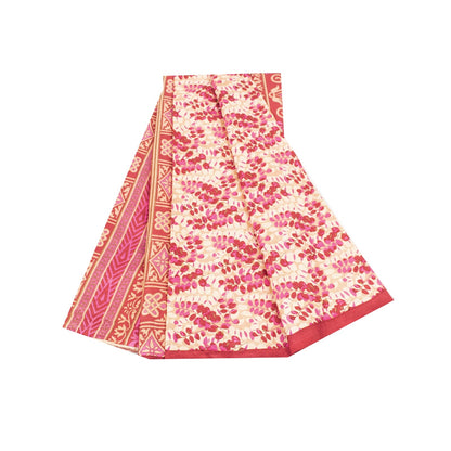 Sanskriti Vintage Saree Red & Ivory 100% Pure Silk Saree Floral Printed 6.5+Yd Fabric Sari Pre-Owned Indian Upcycled, Recycled, Sewing