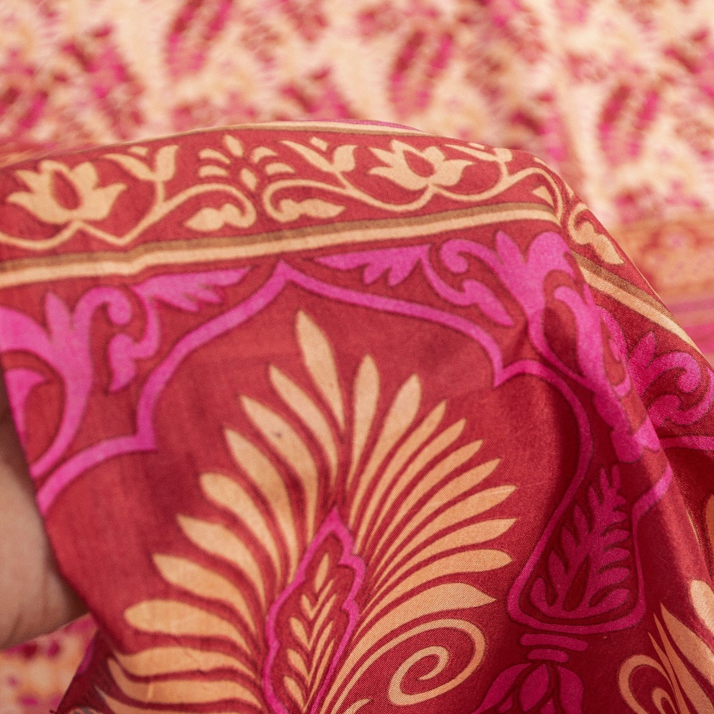 Sanskriti Vintage Saree Red & Ivory 100% Pure Silk Saree Floral Printed 6.5+Yd Fabric Sari Pre-Owned Indian Upcycled, Recycled, Sewing