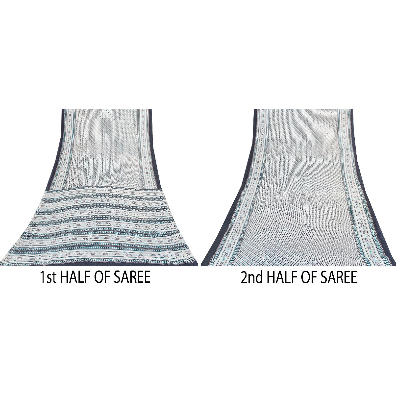 Sanskriti Vintage Sarees White & Blue Pure Silk Geometric Print 6+yd Decor Sari