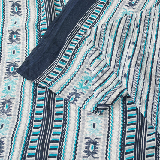 Sanskriti Vintage Sarees White & Blue Pure Silk Geometric Print 6+yd Decor Sari