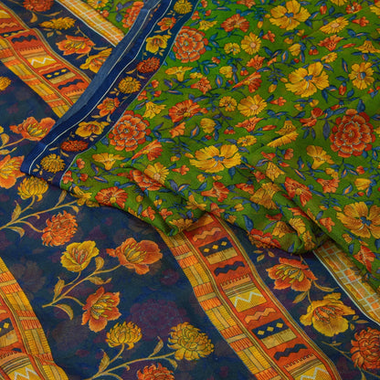 Sanskriti Vintage Sarees Green Pure Silk Floral Printed 6+yd Craft Fabric Sari