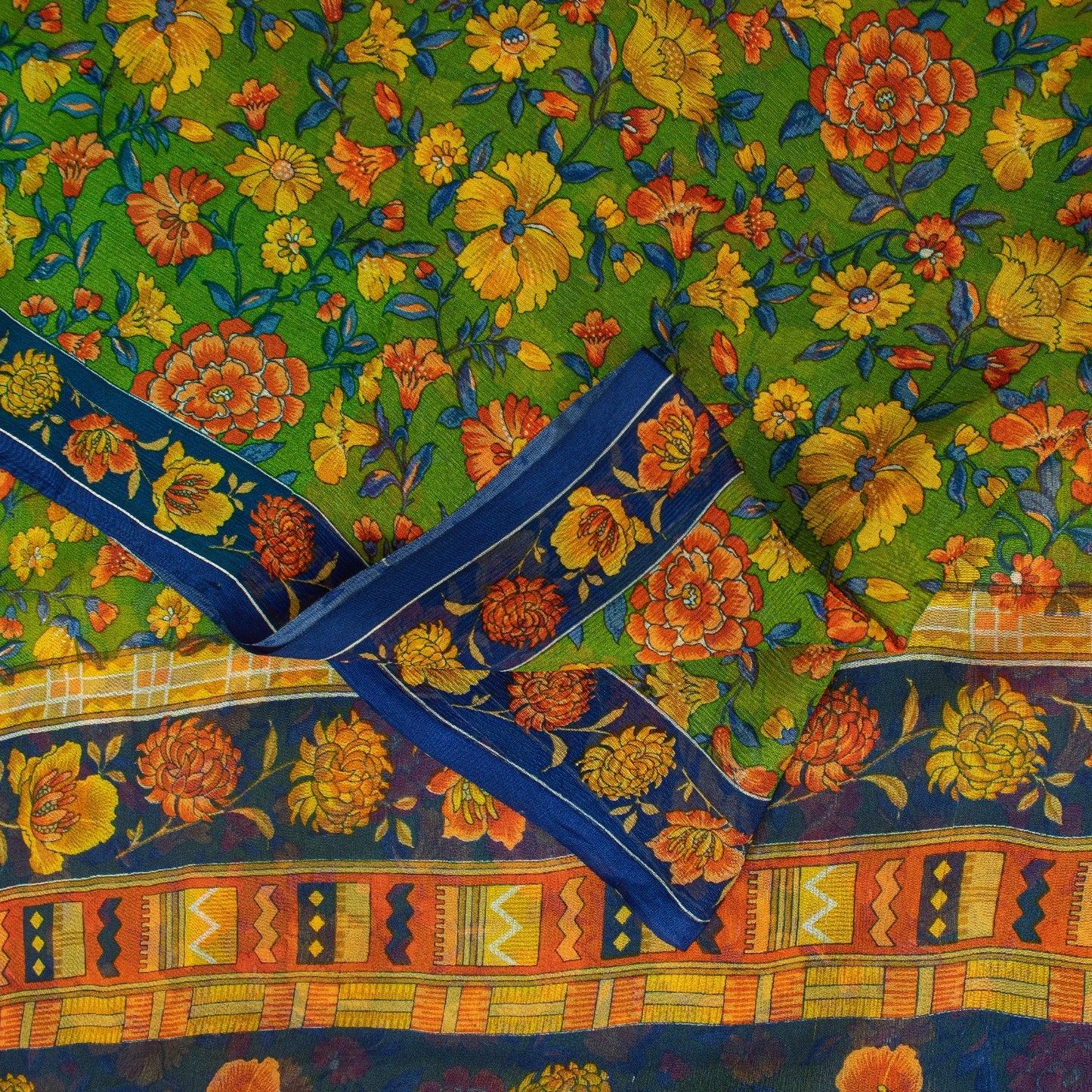 Sanskriti Vintage Sarees Green Pure Silk Floral Printed 6+yd Craft Fabric Sari