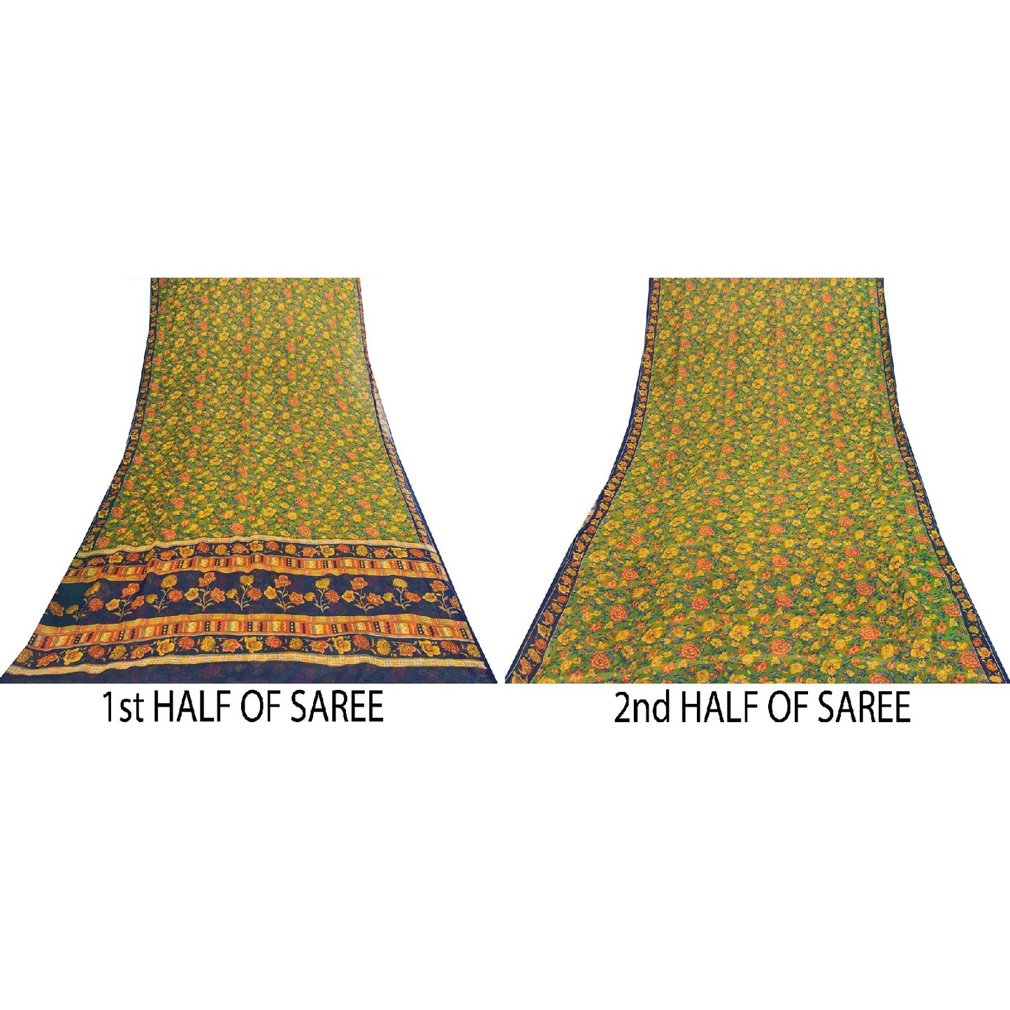 Sanskriti Vintage Sarees Green Pure Silk Floral Printed 6+yd Craft Fabric Sari