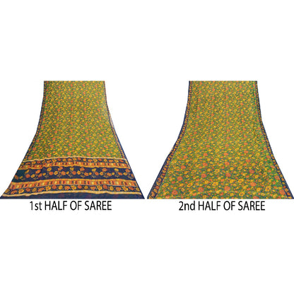 Sanskriti Vintage Sarees Green Pure Silk Floral Printed 6+yd Craft Fabric Sari