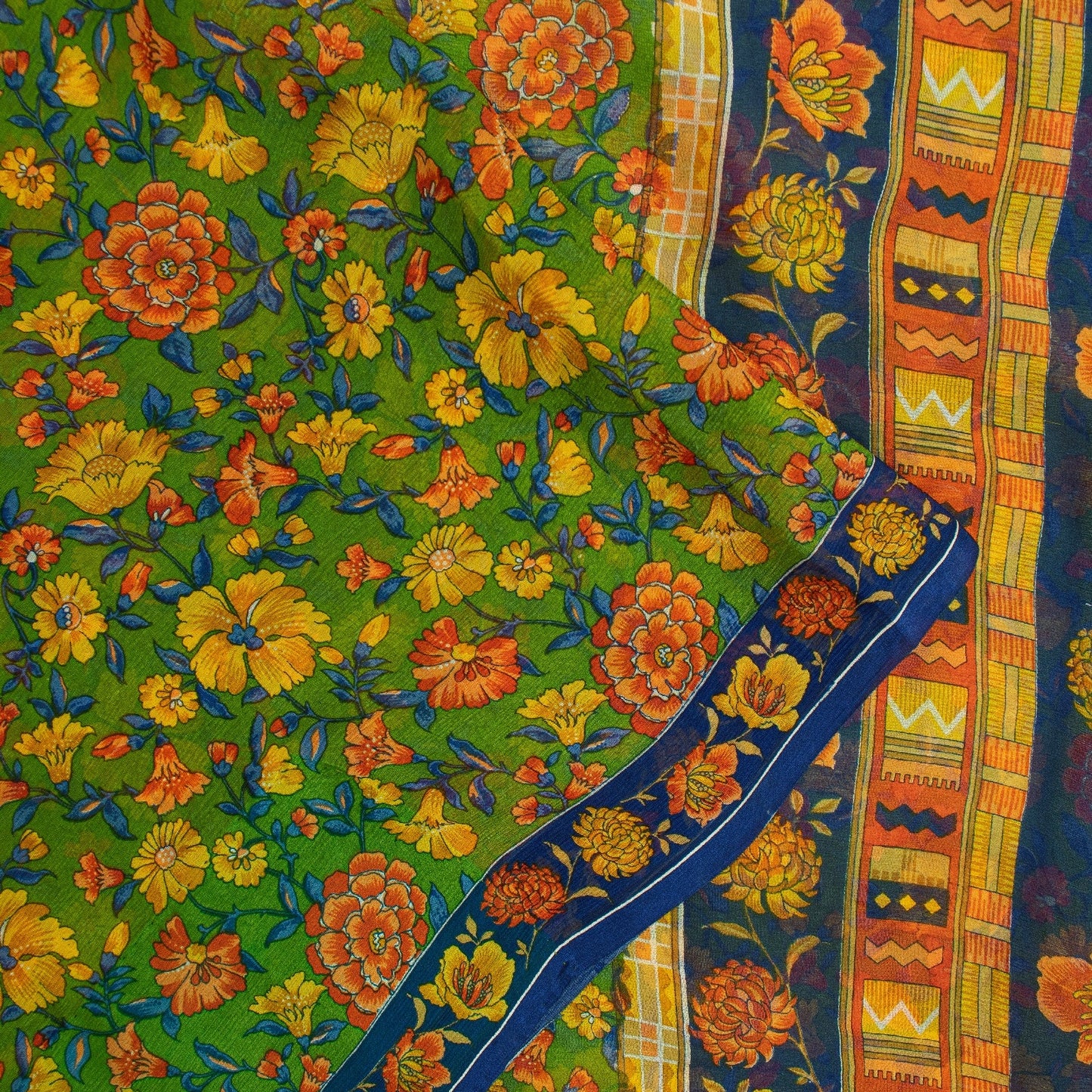 Sanskriti Vintage Sarees Green Pure Silk Floral Printed 6+yd Craft Fabric Sari