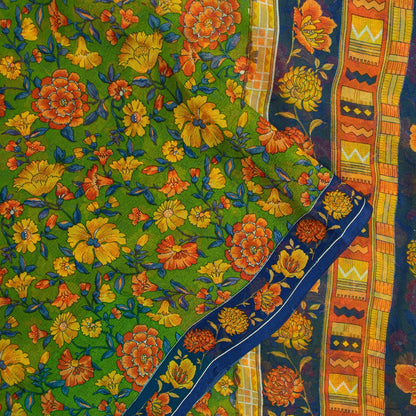 Sanskriti Vintage Sarees Green Pure Silk Floral Printed 6+yd Craft Fabric Sari