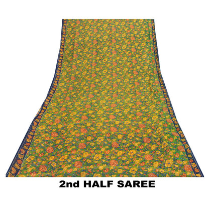 Sanskriti Vintage Sarees Green Pure Silk Floral Printed 6+yd Craft Fabric Sari