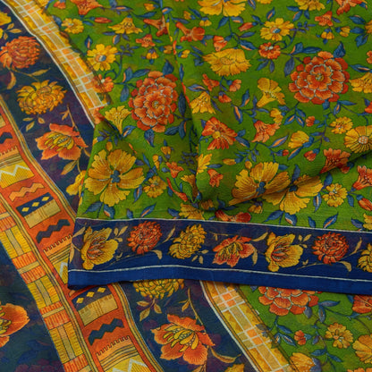 Sanskriti Vintage Sarees Green Pure Silk Floral Printed 6+yd Craft Fabric Sari