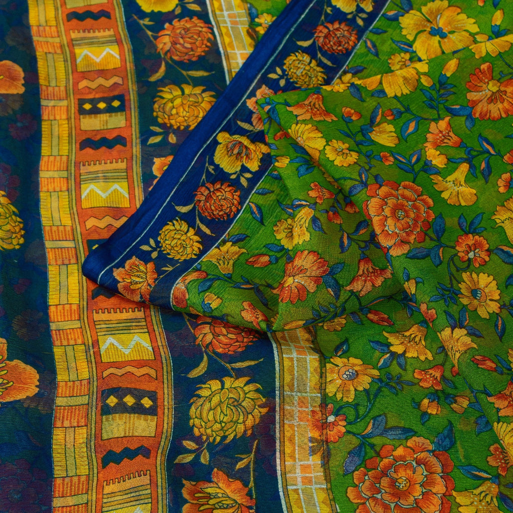 Sanskriti Vintage Sarees Green Pure Silk Floral Printed 6+yd Craft Fabric Sari