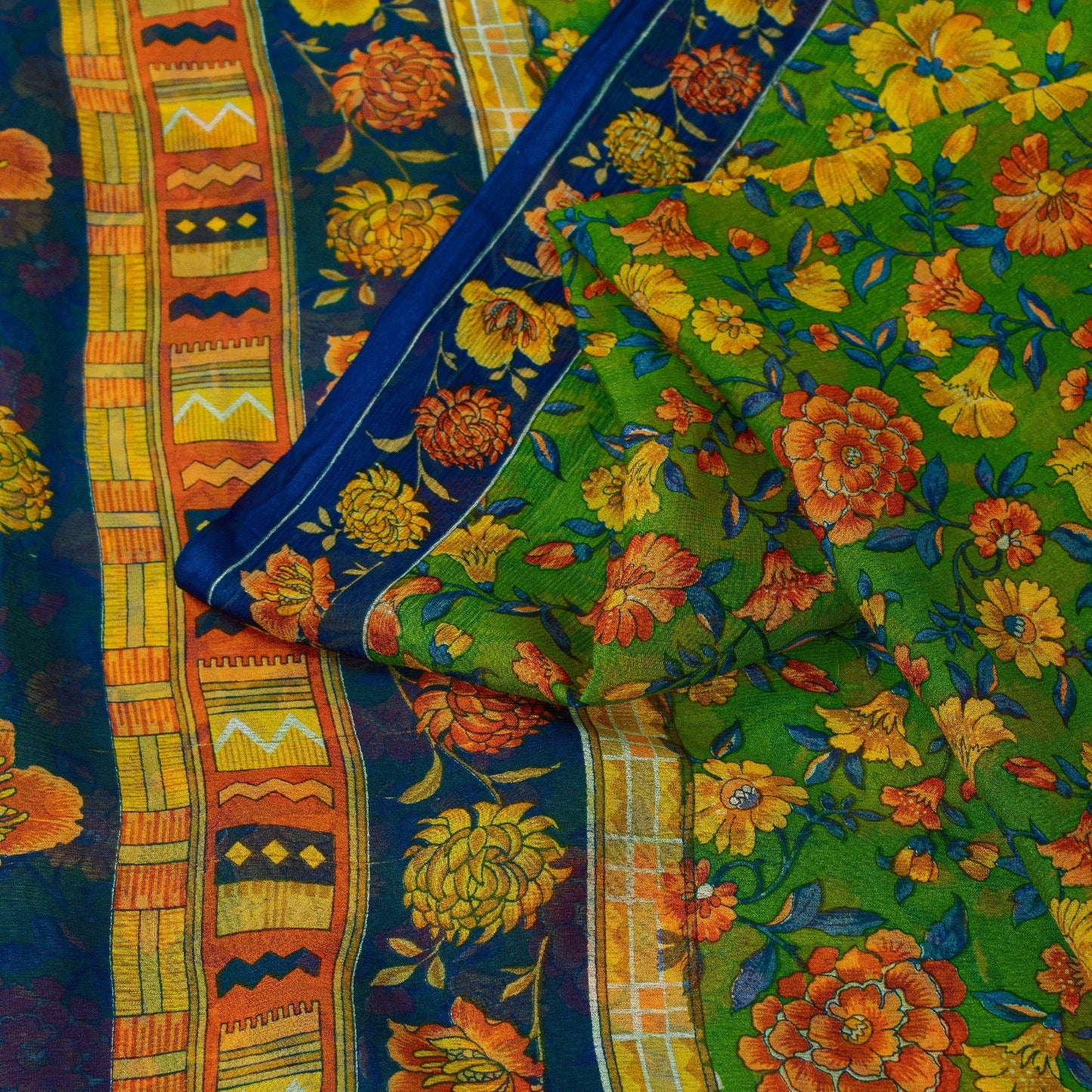 Sanskriti Vintage Sarees Green Pure Silk Floral Printed 6+yd Craft Fabric Sari