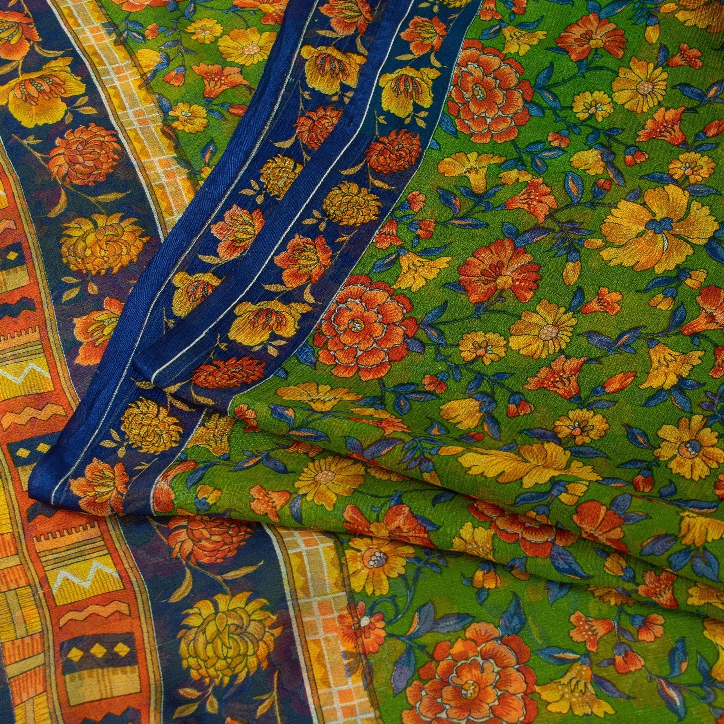 Sanskriti Vintage Sarees Green Pure Silk Floral Printed 6+yd Craft Fabric Sari