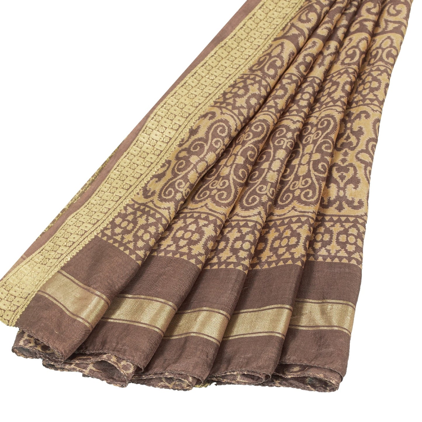 Sanskriti Vintage Sarees Brown Pure Silk Floral Printed 5+yd Fabric Remnant Sari