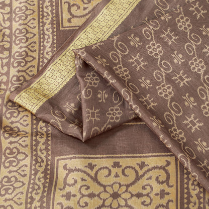 Sanskriti Vintage Sarees Brown Pure Silk Floral Printed 5+yd Fabric Remnant Sari