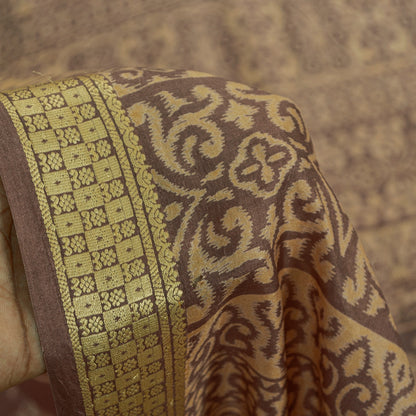 Sanskriti Vintage Sarees Brown Pure Silk Floral Printed 5+yd Fabric Remnant Sari