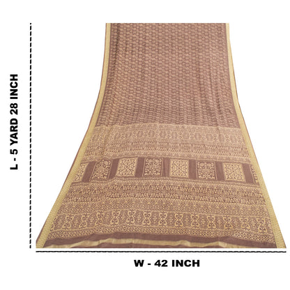 Sanskriti Vintage Sarees Brown Pure Silk Floral Printed 5+yd Fabric Remnant Sari