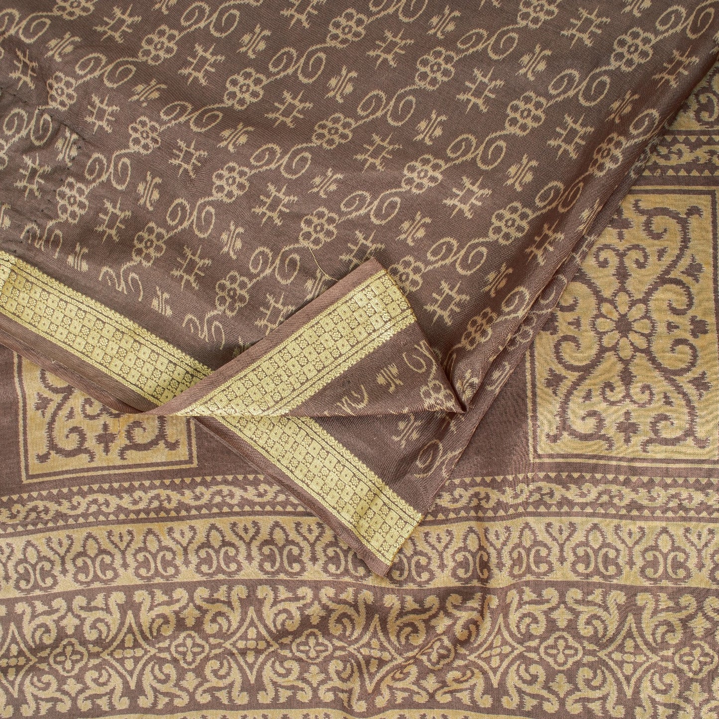 Sanskriti Vintage Sarees Brown Pure Silk Floral Printed 5+yd Fabric Remnant Sari