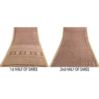 Sanskriti Vintage Sarees Brown Pure Silk Floral Printed 5+yd Fabric Remnant Sari