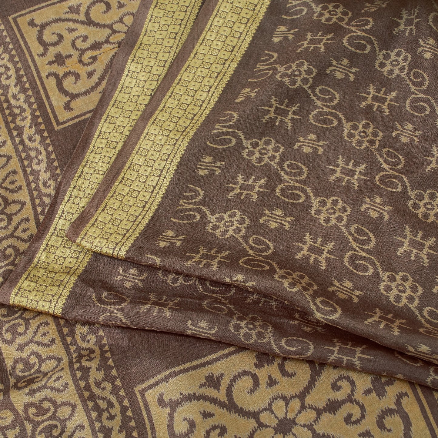 Sanskriti Vintage Sarees Brown Pure Silk Floral Printed 5+yd Fabric Remnant Sari