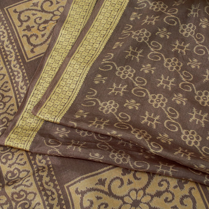 Sanskriti Vintage Sarees Brown Pure Silk Floral Printed 5+yd Fabric Remnant Sari