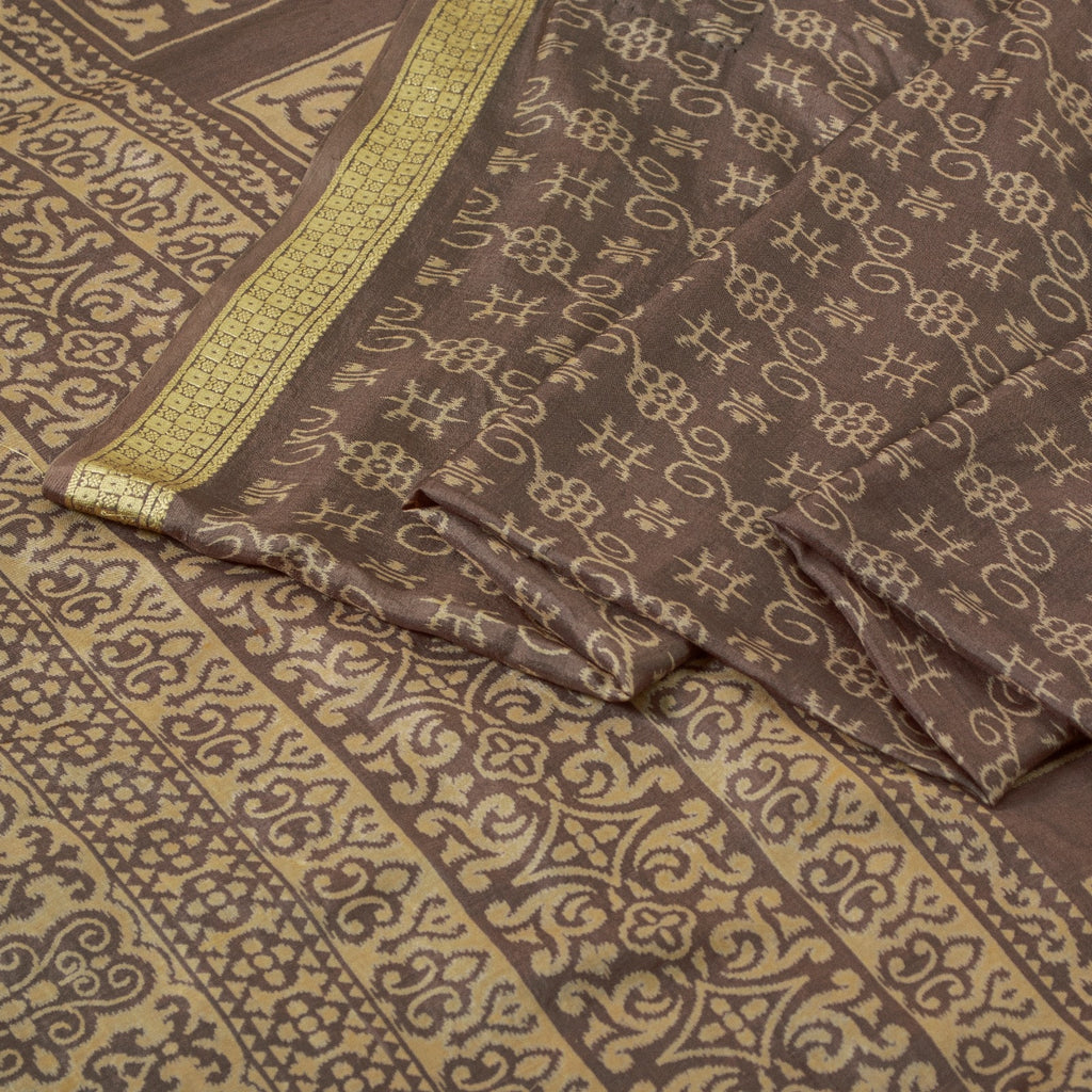 Sanskriti Vintage Sarees Brown Pure Silk Floral Printed 5+yd Fabric Remnant Sari