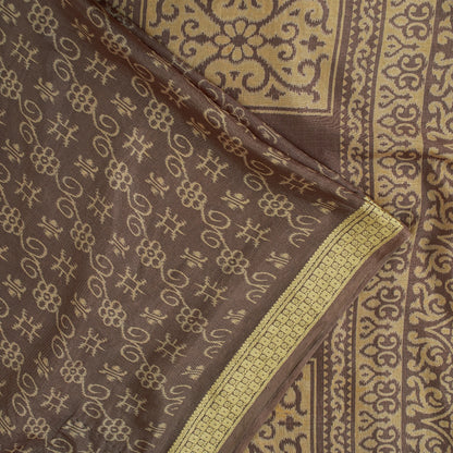 Sanskriti Vintage Sarees Brown Pure Silk Floral Printed 5+yd Fabric Remnant Sari