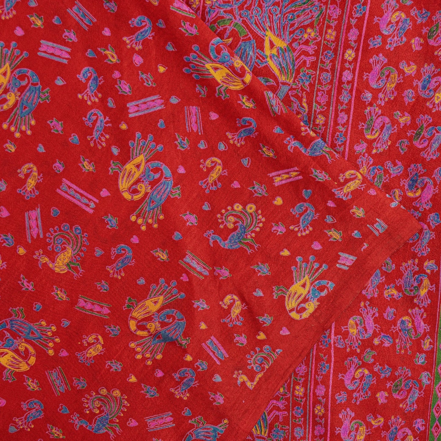 Sanskriti Vintage Sarees Red 100%Pure Silk Peacock Print 6+yd Sari Sewing Fabric