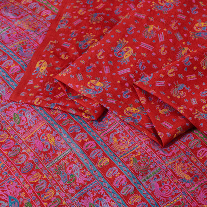 Sanskriti Vintage Sarees Red 100%Pure Silk Peacock Print 6+yd Sari Sewing Fabric