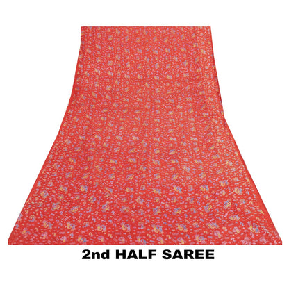 Sanskriti Vintage Sarees Red 100%Pure Silk Peacock Print 6+yd Sari Sewing Fabric