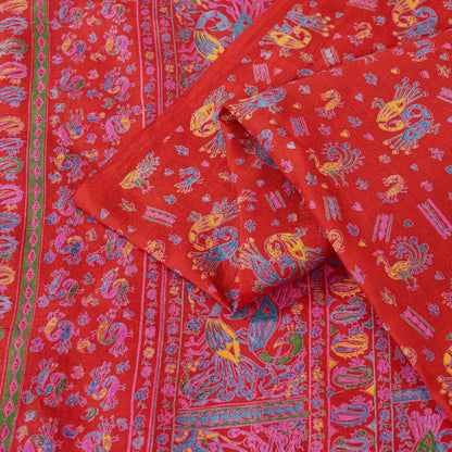 Sanskriti Vintage Sarees Red 100%Pure Silk Peacock Print 6+yd Sari Sewing Fabric