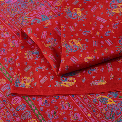 Sanskriti Vintage Sarees Red 100%Pure Silk Peacock Print 6+yd Sari Sewing Fabric