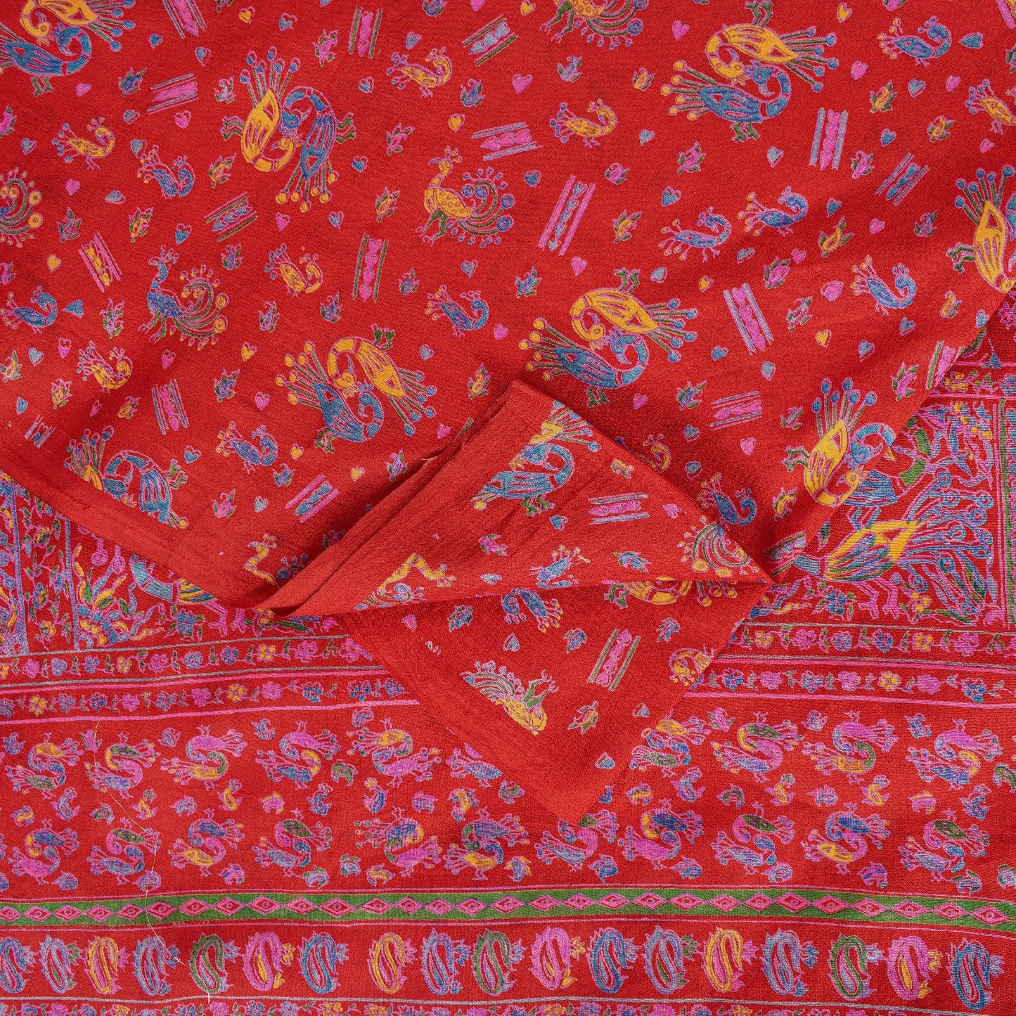 Sanskriti Vintage Sarees Red 100%Pure Silk Peacock Print 6+yd Sari Sewing Fabric
