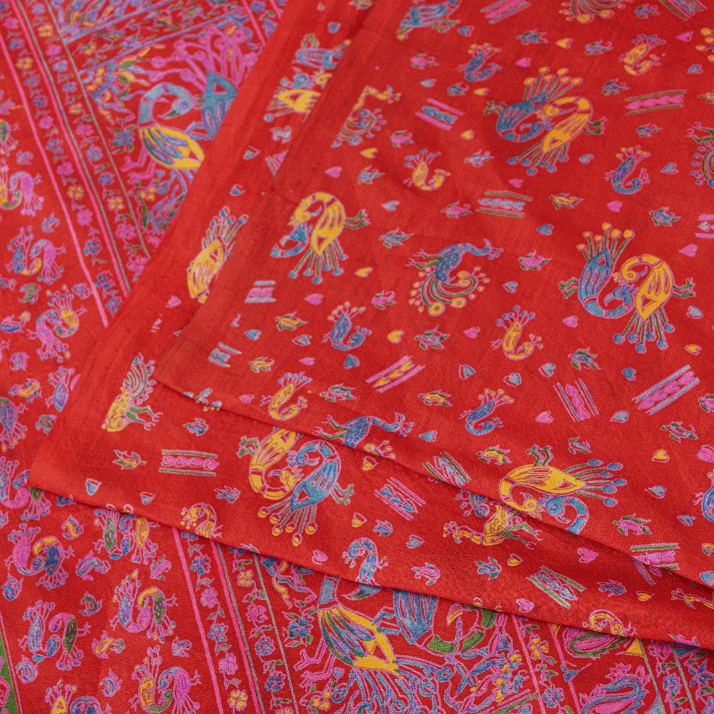 Sanskriti Vintage Sarees Red 100%Pure Silk Peacock Print 6+yd Sari Sewing Fabric