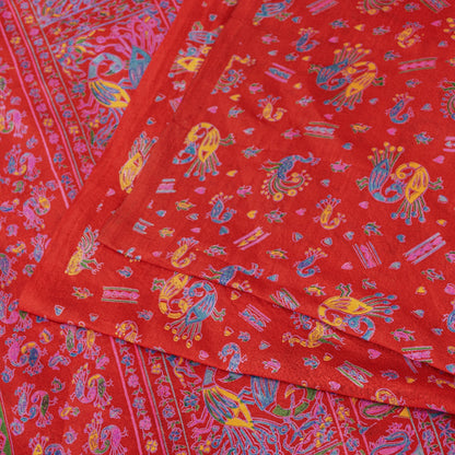 Sanskriti Vintage Sarees Red 100%Pure Silk Peacock Print 6+yd Sari Sewing Fabric