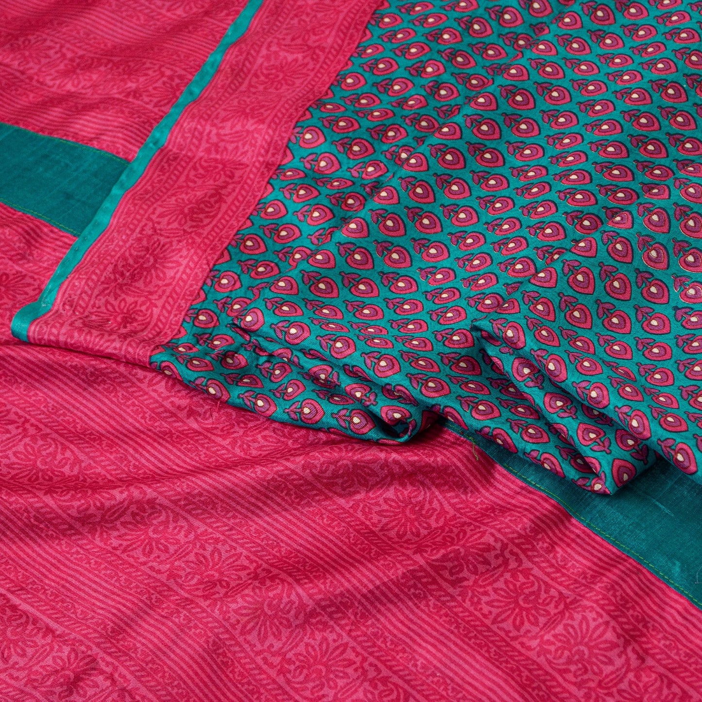 Sanskriti Vintage Sarees Blue & Pink Pure Silk Floral Print 5+yd Sari For Craft