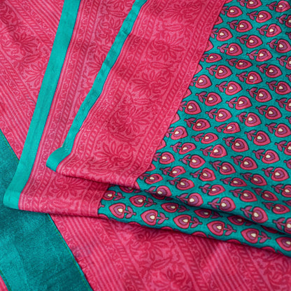 Sanskriti Vintage Sarees Blue & Pink Pure Silk Floral Print 5+yd Sari For Craft