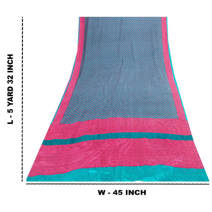 Sanskriti Vintage Sarees Blue & Pink Pure Silk Floral Print 5+yd Sari For Craft