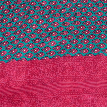 Sanskriti Vintage Sarees Blue & Pink Pure Silk Floral Print 5+yd Sari For Craft