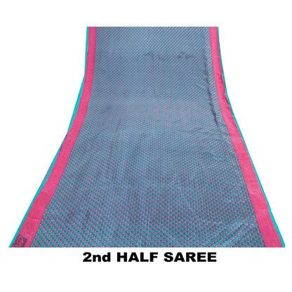 Sanskriti Vintage Sarees Blue & Pink Pure Silk Floral Print 5+yd Sari For Craft