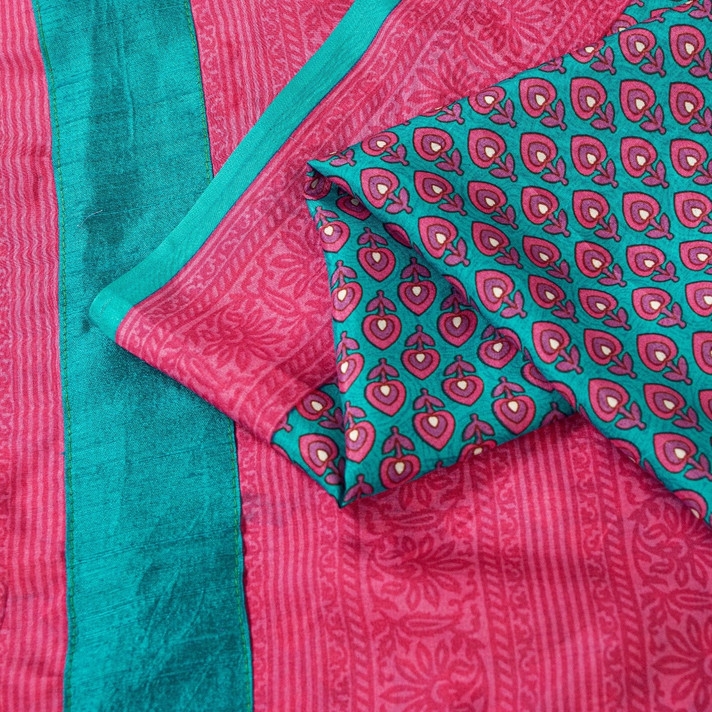 Sanskriti Vintage Sarees Blue & Pink Pure Silk Floral Print 5+yd Sari For Craft