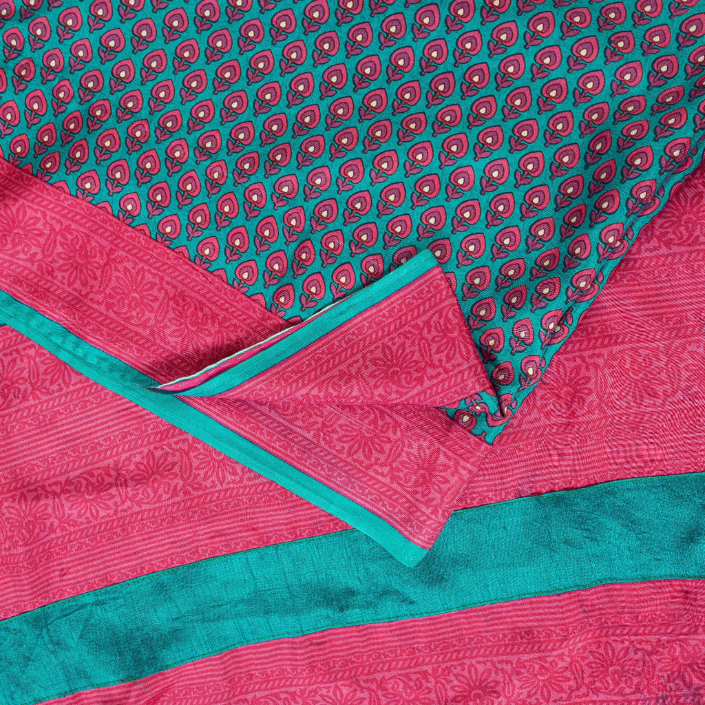 Sanskriti Vintage Sarees Blue & Pink Pure Silk Floral Print 5+yd Sari For Craft