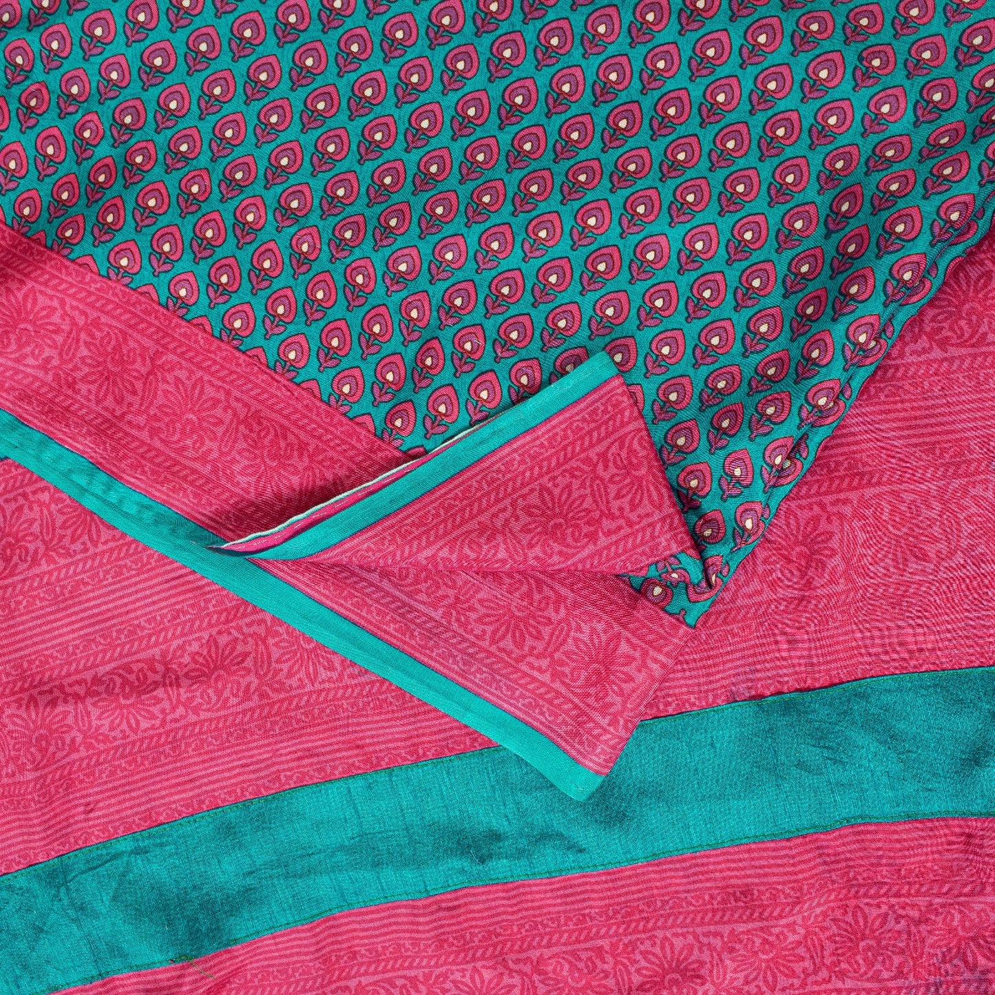 Sanskriti Vintage Sarees Blue & Pink Pure Silk Floral Print 5+yd Sari For Craft