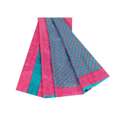Sanskriti Vintage Sarees Blue & Pink Pure Silk Floral Print 5+yd Sari For Craft