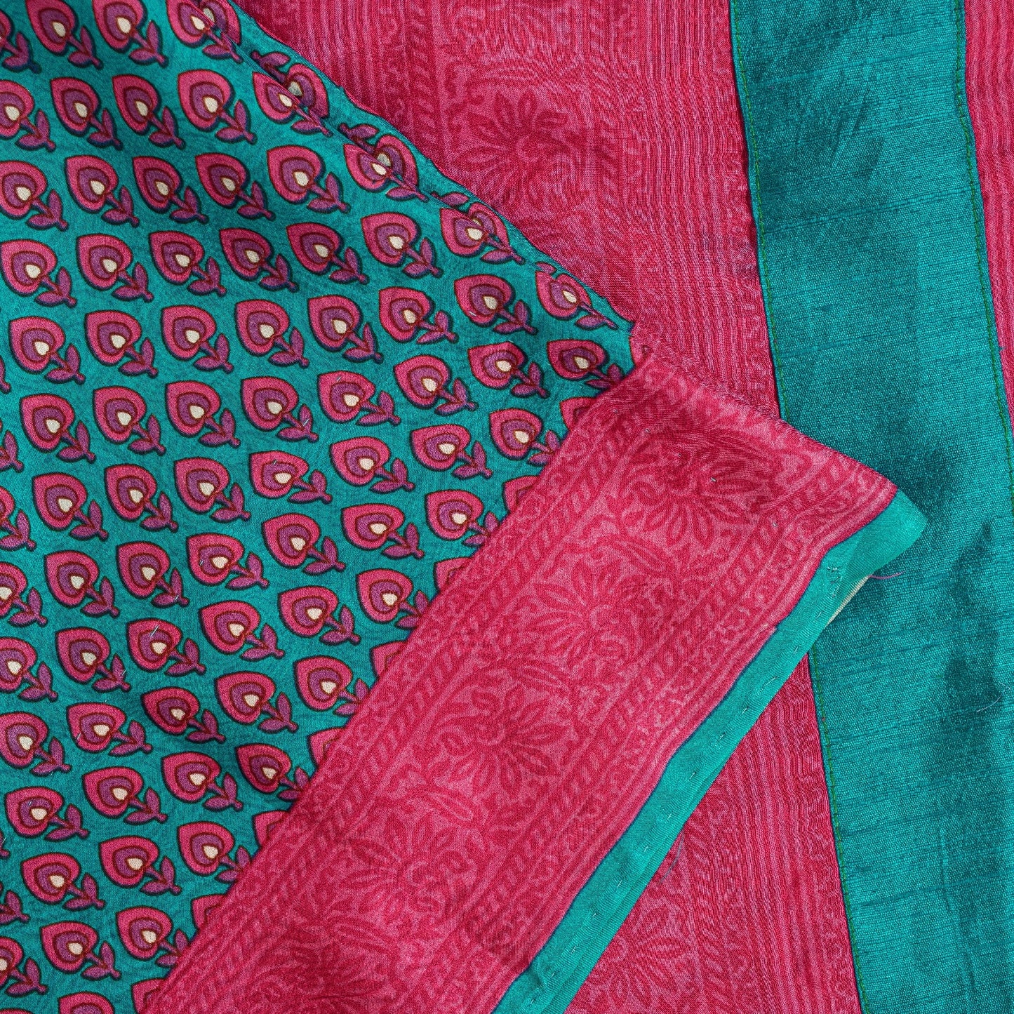 Sanskriti Vintage Sarees Blue & Pink Pure Silk Floral Print 5+yd Sari For Craft