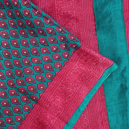 Sanskriti Vintage Sarees Blue & Pink Pure Silk Floral Print 5+yd Sari For Craft