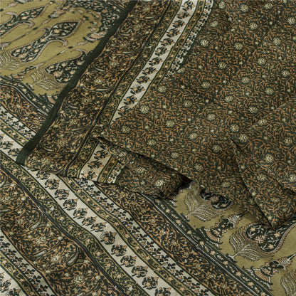 Sanskriti Vintage Sarees Green Pure Silk Floral Printed 6+YD Sari Remnant Fabric