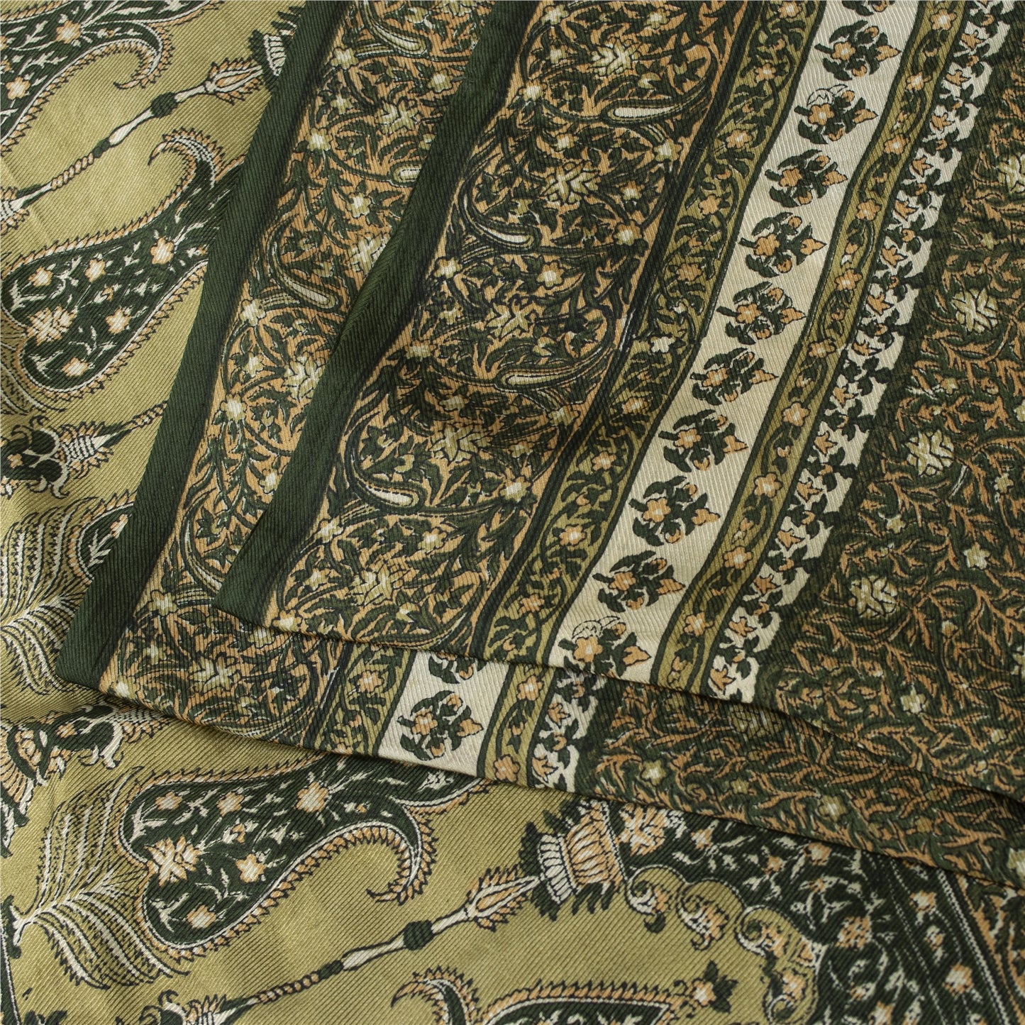 Sanskriti Vintage Sarees Green Pure Silk Floral Printed 6+YD Sari Remnant Fabric